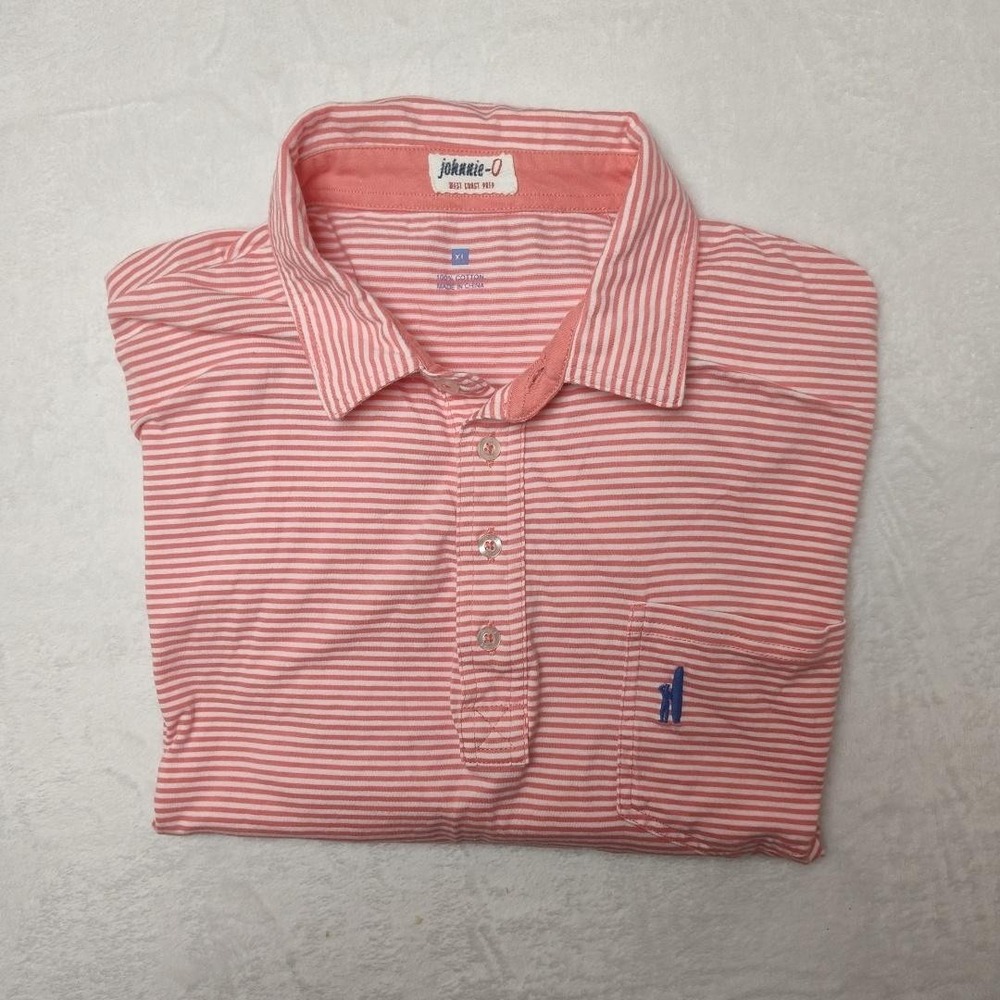 Johnnie-O Polo Shirt Mens XL Pink White Stripe Pocket West Coast Prep Casual